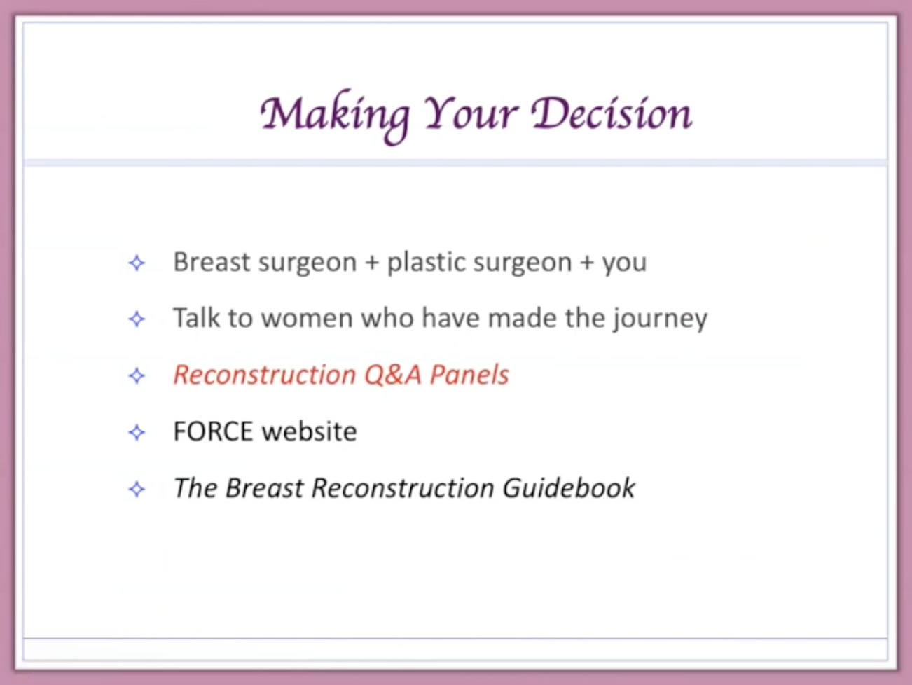 A sample patient from the breast reconstruction outcome questionnaire.